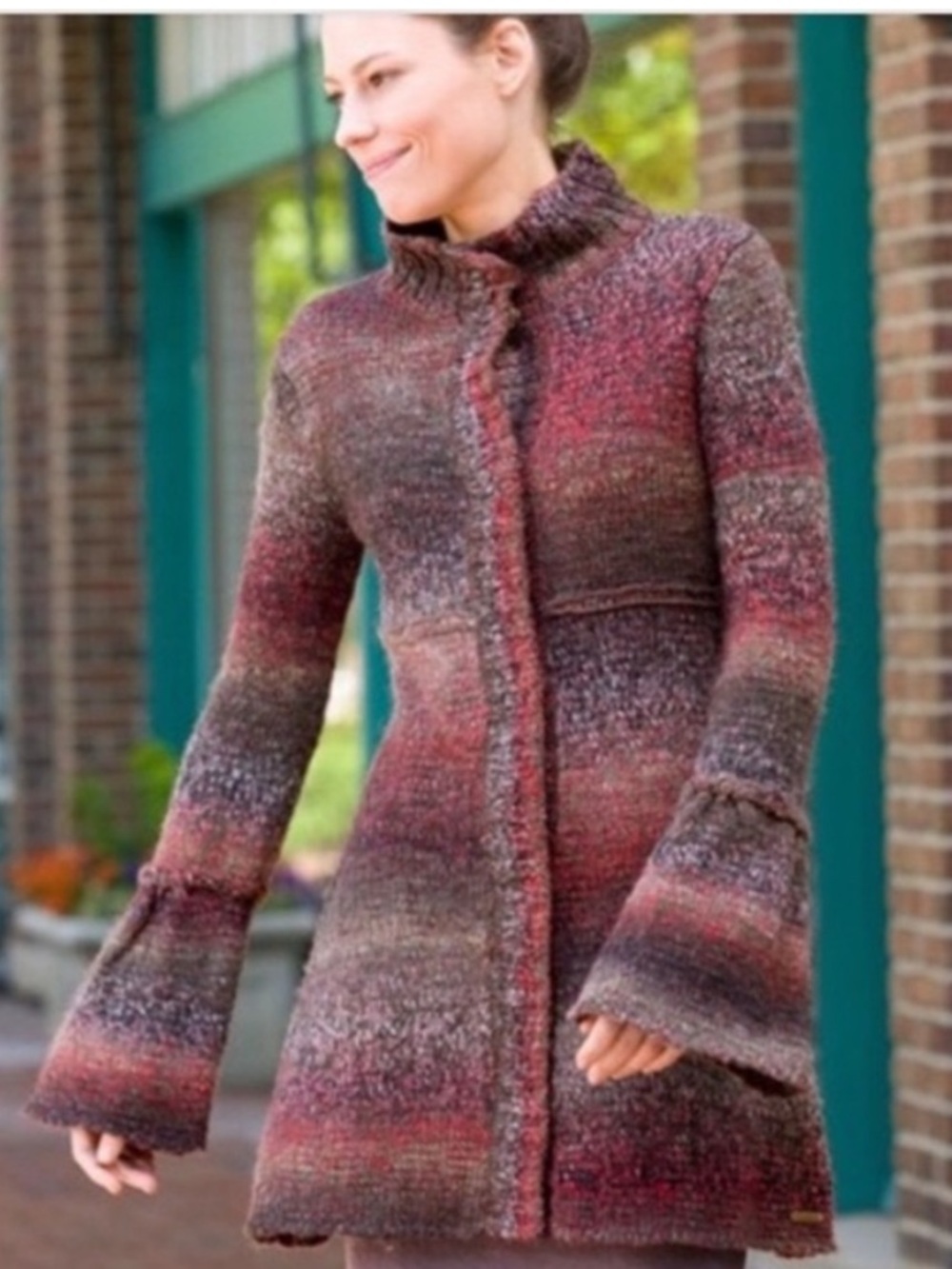 PrAna Amber Long Knit Bell-Sleeve Sweater Coat Multicolor Burgundy Wool